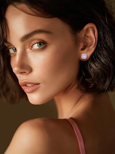FindChic Birthstone Earrings for Women, Round/Heart/Square/Teardrop Earrings with 925 Sterling Silver Posts & Push Backs, Hypoallergenic Studs with Cubic Zirconia, 12 Months Jewelry with Gift Box - style: 10. October-Pink Tourmaline (Square)