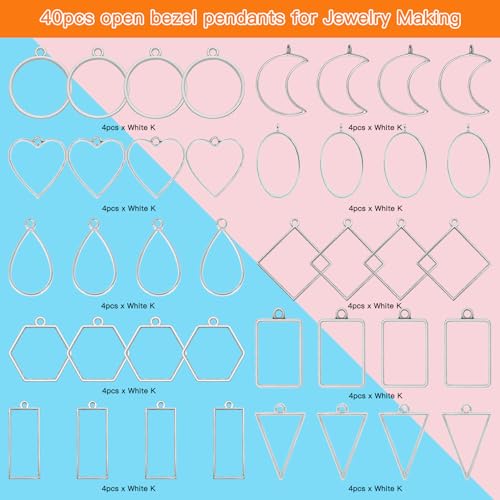 40pcs Open Bezel Pendants for Resin,10 Styles Hollow Frame Pendants Blank Resin Pendants Resin Casting Frame Pendant for Jewelry Making,Resin Casting,Necklace,Pressed Flower,DIY Crafts(White K) - color: 40pcs;White K;10 Styles