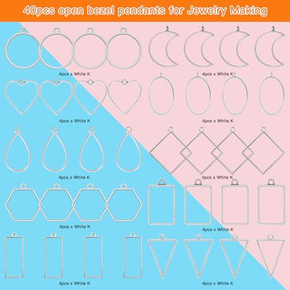 40pcs Open Bezel Pendants for Resin,10 Styles Hollow Frame Pendants Blank Resin Pendants Resin Casting Frame Pendant for Jewelry Making,Resin Casting,Necklace,Pressed Flower,DIY Crafts(White K) - color: 40pcs;White K;10 Styles
