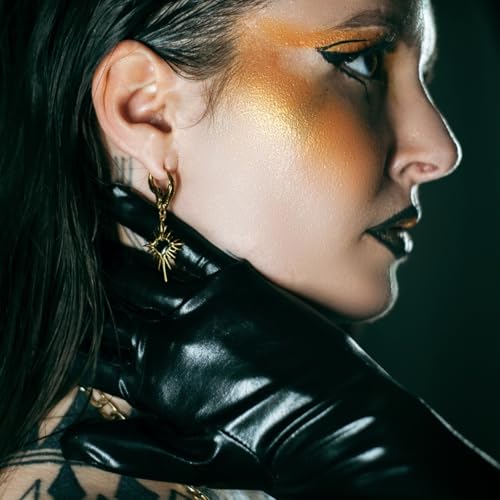 PUNKYOUTH Gothic Crest Dangle Drop Hoop Earrings Dark Alternative Piercing Jewelry 18G 1mm Antique Finish Ornate Scroll Cubic Zirconia Spike Statement Everyday Wear Accessories For Women Men - color: Winged Heartburst Earring-Gold