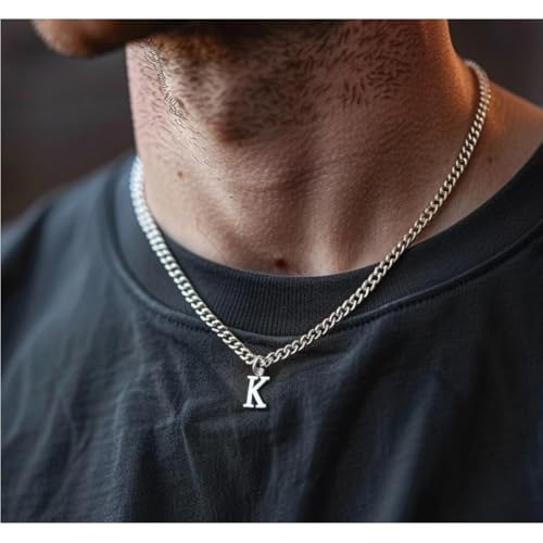 Men’s Minimal Initial Necklace, Stainless Steel Gold Silver Tone 26 Letters Pendant Necklace for Men Women 3.5mm Cuban Chain Waterproof - style: S