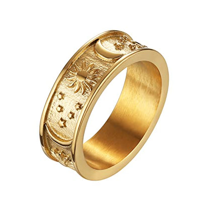 HZMAN 8mm Moon Star Sun Statement Ring Stainless Steel Boho Jewelry for Women Men - color: Gold