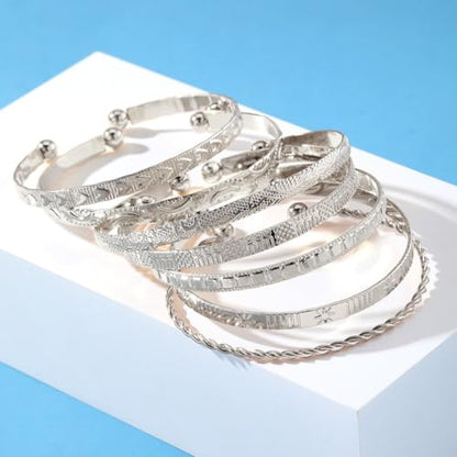 Gold Bangle Bracelets for Women, 14k Gold Plated Multi Layer Textured Stackable Open Bracelet Set Boho Indian Bangles Stackable Set Trendy Elegance Charms Non Tarnish Minimalist Bangle Pack - style: Silver 7Pcs