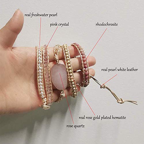 Plumiss Women Boho Handmade Natural Stone Crystal Leather Bead Wrap Bracelets Collection - style: Rose Quartz 5W