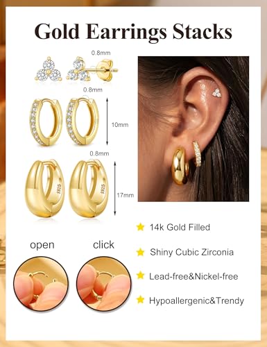 Small Gold Earring Stack Trendy 925 Sterling Silver Earrings for Women Hypoallergenic 14K Gold Plated Cubic Zirconia Stud Hoop Non Tarnish Huggie Hoop Earrings Set for Multiple Piercing Jewelry Gift - style: Gold: 2 Pairs of Hoops + 1 Pair of Studs