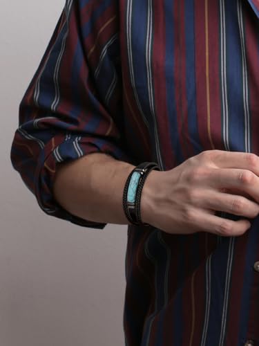 Mens Black Leather Obsidian/Turquoise/Tiger Eye/Red Agate Bracelet–Braided Multi‑Layer Wristband Cuff Bangle Bracelet with Stainless Steel Clasp Gift Jewelry Box Included - color: Turquoise Stone, size: 8.3in(Fits most wrists)