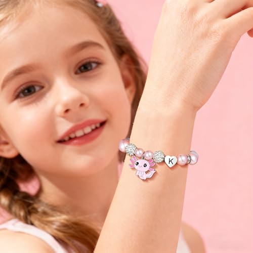 Ritach Graduation Gift fo Her - Cute Axolotl Heart Initial Bracelet CZ Rhinestone Beads and Pink White Pearl Bracelets for Girls Teen Kids Axolotl Graduation Gift for Her Girls Kids Axolotl Lovers - style: U