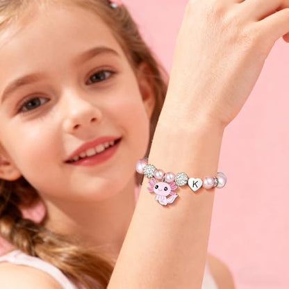 Ritach Graduation Gift fo Her - Cute Axolotl Heart Initial Bracelet CZ Rhinestone Beads and Pink White Pearl Bracelets for Girls Teen Kids Axolotl Graduation Gift for Her Girls Kids Axolotl Lovers - style: U