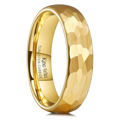 King Will Men's Tungsten Carbide Wedding Ring Hammered Groove Wedding Band Mens Two Tone Engagement Ring for Men and Women Matte Brushed Finish Comfort Fit - color: Gold 6mm