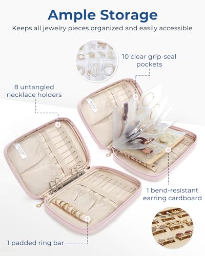 BAGSMART Jewelry Travel Case, Ring Binder Storage Book with Clear Pockets, Zippered Organizer for Necklace, Earrings, Rings, Bracelet, Pink