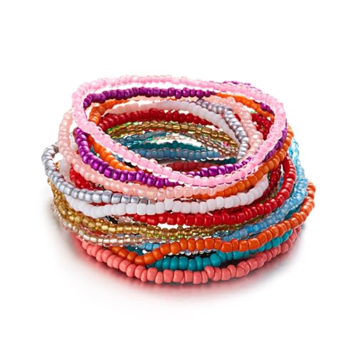16-30Pcs Handmade Bohemian Colorful Crystal Seed Beads Stackable Adjustable Elastic Stretch Multilayerd Bracelets for Women Summer Vacation Beach Boho Bangle Jewelry - color: mix 1