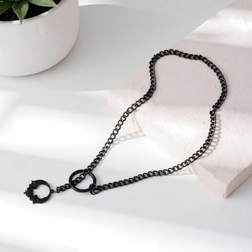 Slip Chain Choker for Women Handmade Black Stainless Steel Cuban Chain Chunky Moon Bat Raven Skull Pendant Gothic Punk Rock Collar Adjustable Lariat Y Necklace for Men - style: Bats
