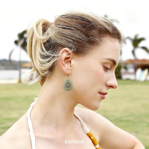 Boho Turquoise Dangle Earrings For Women Trendy,Western Blue Gemstone Drop Earings,Vintage Gothic Ethnic Statement Beach Vacation Long Birthstone Earrings with Leaf Teardrop Turquoise Crystal Tassels,Fashion Jewelry Birthday Gift. - style: A33 Vintage Bro