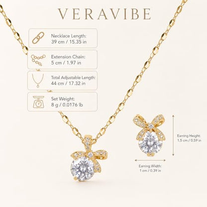 Bowknot Necklace and Earrings Set for Women Gold Plated | Ribbon Pendant, Cubic Zirconia, Sparkling Minimalist, Party Daily Wear, Birthday Gifts