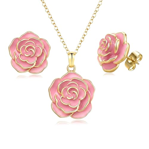 Enamel Rose Necklace and Earrings Jewelry Set for Women | 14K Gold Plated,Rose Represent: Love Gratitude Prid,Adjustable Chain Fit,Elegant Sets for Daily and Party Wear,Gift Box - color: Pink