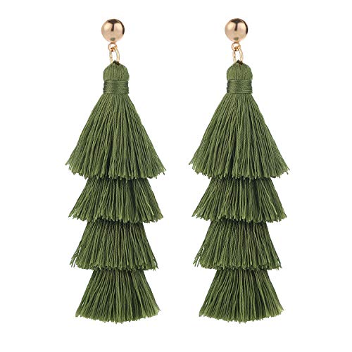 BaubleStar Bohemian Layered Tassel Drop Earrings for Women | Lightweight Statement Party Festival Jewelry - color: Green