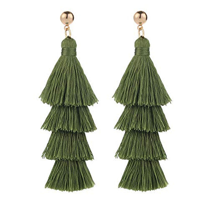 BaubleStar Bohemian Layered Tassel Drop Earrings for Women | Lightweight Statement Party Festival Jewelry - color: Green