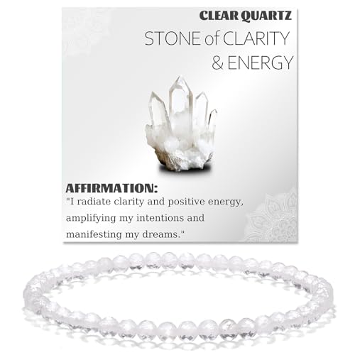 Natural Faceted Crystal Bracelet for Women,4mm Gemstone Round Beads Bracelets Adjustable Stretchy Healing Crystal Beads Bracelets Dainty Jewelry Gift - color: Clear Quartz