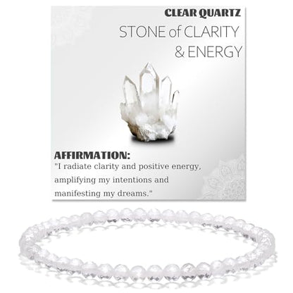 Natural Faceted Crystal Bracelet for Women,4mm Gemstone Round Beads Bracelets Adjustable Stretchy Healing Crystal Beads Bracelets Dainty Jewelry Gift - color: Clear Quartz