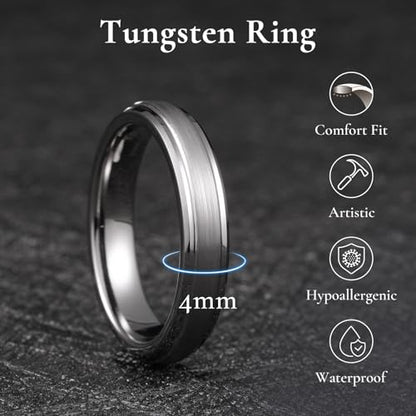 King Will Classic Tungsten Wedding Band for Men, 6/7/8/9/10mm Widths, Polished Finish Step Edge Matte Rings Comfort Fit - color: D-gunmetal 4mm