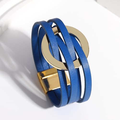 hotoo Circle Charm Bracelets for Women Handmade Leather Wrap Bracelets for Couples Friendship Bracelet Bohemian Cuff Bangle Boho Jewelry Gift - color: New Blue