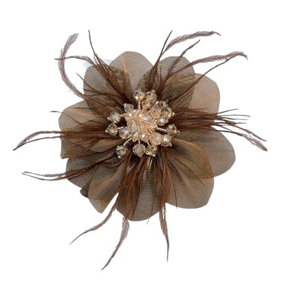 4" Crystal Feather Flower Brooch Pin for Women Girls Dainty Bright Satin Rhinestone Floral Brooches Lapel Hair Pins Elegant Wedding Cocktail Prom Party Hat Bag Suit Clothing Dress Accessories Jewelry Gift - color: Brown