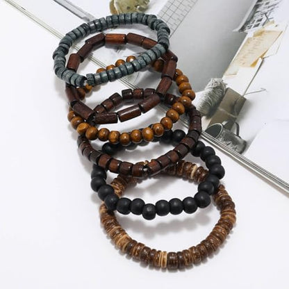 Mens Beaded Bracelets Tribal Wooden Elastic Adjustable Prayer Beads Wrap Cuff for Women - color: A: 6pcs