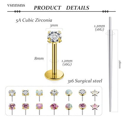 Vsnnsns 14K Gold Plated 16G 18G 20G Threadless Nose Rings Studs Flat Back Earrings Stainless Steel Tragus Helix Conch Earrings Stud Snake Bite Lip Rings Labret Medusa Piercing Jewelry for Women Men - color: 14K Gold Plated-16G-8MM Bar Lenght