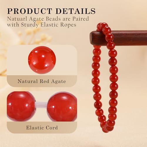 Agate Round Beaded Bracelet for Women Men Natural Agates Stone Healing Bracelets Stretch Elastic Handmade Polished Gemstone Beads Bracelet - color: Red, size: 6mm Beads