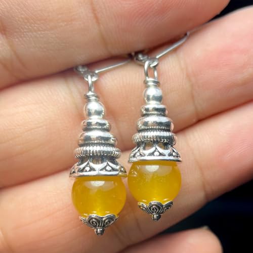 Natural 10mm Stone Beads Drop Earrings,Retro Silver Round Quartz Crystal Gemstone Beads Dangle Earrings for Women - color: A24_Yellow Quartz Jasper