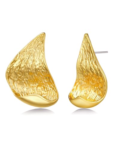 SNGIA18K Gold Plated Dangle Textured Ribbed Irregular Large Leaf Statement Earrings for Women by SNGIA, Handmade Dramatic Geometric Trendy Summer Drop Leaf Flower Jewelry Gifts, Bold Beachy Vintage Plant Fashion Drop Accessories, Vintage Nickle Free Flora