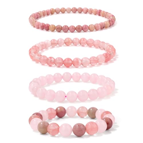 Vinswet 4pcs Beaded Bracelets for Women,Natural Healing Crystal Gemstones Bracelet,Anxiety Stress Relief Bracelet Handmade purple Jewelry Gifts for Women - color: Rhodochrosite&Watermelon crysta&Rose Quartz