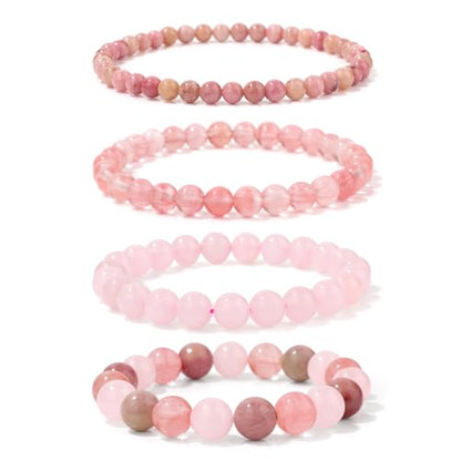 Vinswet 4pcs Beaded Bracelets for Women,Natural Healing Crystal Gemstones Bracelet,Anxiety Stress Relief Bracelet Handmade purple Jewelry Gifts for Women - color: Rhodochrosite&Watermelon crysta&Rose Quartz