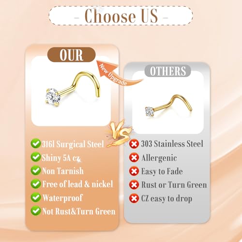 15PCS 14K Gold Plated Nose Rings Studs Set for New Piercing Beginners - color: 8pcs/Screw/20G/Gold