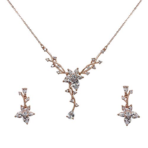 Faship Gorgeous CZ Crystal Floral Necklace Earrings Set - color: Clear/Rose-Gold