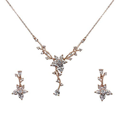 Faship Gorgeous CZ Crystal Floral Necklace Earrings Set - color: Clear/Rose-Gold