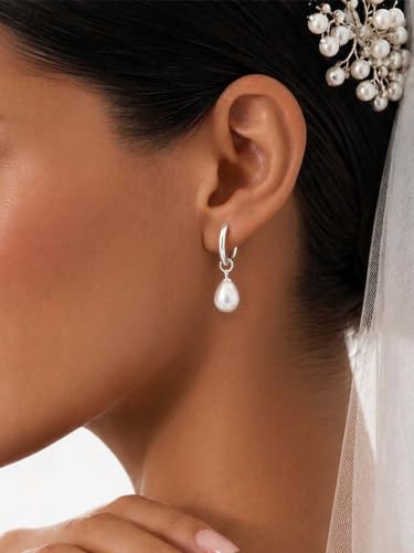 Pearl Drop Earrings 14K Gold Plated Dainty Bridesmaid Jewelry Gift - color: silver