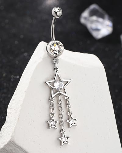 Dangle Belly Button Rings 14G Star Dangly Belly Navel Rings for Women Silver Belly Piercing Jewelry Dangling Stainless Steel - color: Silver