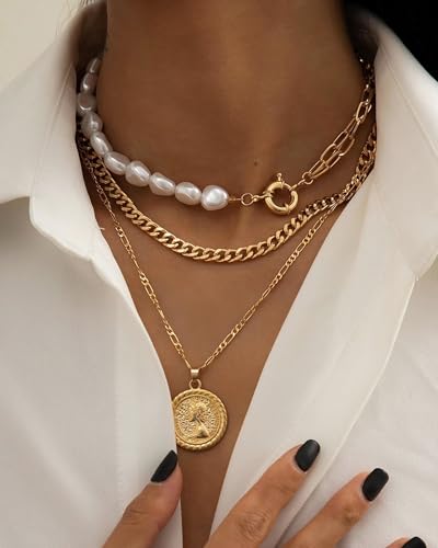 Gold Layered Necklaces for Women Chunky Layered Gold Necklaces Stacked Paperclip Chain Pearl Necklace Herringbone Toggle Clasp Choker Trendy Statement Jewelry Gifts - color: A2:gold layered necklace