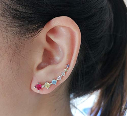 Colorful Climbers Cuff Wrap Cubic Zirconia S925 Sterling Silver Fashion Studs Crawler Pierced Earrings for Women 7 Crystal CZ Hypoallergenic for Sensitive Ears Gifts for Birthday Sister Bff
