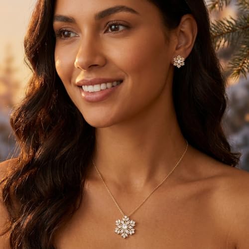 Gold Silver Stud Earrings Pendent Necklace Sets for Women, Dainty Rhinestone Crystal Necklace Earing Jewelry Set Wedding Accessories Fashion Holiday Gift - color: snowflakegold