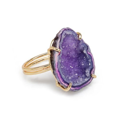 Elegant Geode Druzy Gemstone Statement Ring for Women, Adjustable Ring, Gold Plated Stone Size 20-25mm - color: Purple, style: 1