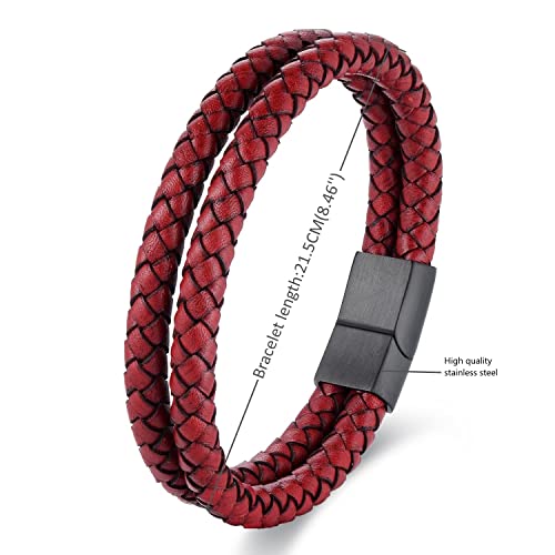 Minimalist Two-row Braided Leather Bangle Bracelet for Men, Cool Punk Rock - color: Red