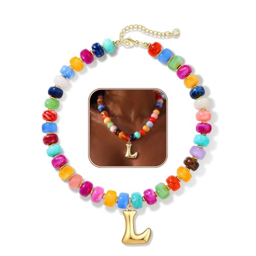 Colorful Chunky Beaded Necklaces for Women Bubble Letter Initial Choker | Boho Statement Bead Necklace, Personalized Rainbow Gemstone Necklaces, Baublebar Gold Necklace Stack, Summer Beach Jewelry - color: Initial L