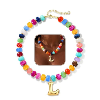 Colorful Chunky Beaded Necklaces for Women Bubble Letter Initial Choker | Boho Statement Bead Necklace, Personalized Rainbow Gemstone Necklaces, Baublebar Gold Necklace Stack, Summer Beach Jewelry - color: Initial L