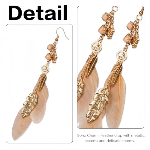 FRESHME Native American Earrings for Women - Ethnic Boho Feather Dangle Jewelry with Tessel for Birthday Party Photoshoot - color: Champagne