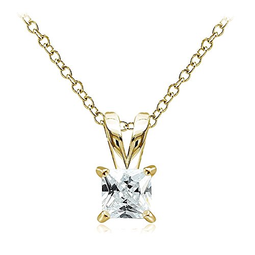 Hoops & Loops Sterling Silver, Yellow Gold Flash or Rose Gold Flash CZ Cubic Zirconia Square Solitaire Pendant Necklace - style: 5mm-Yellow Flash Silver