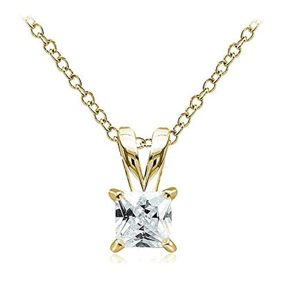 Hoops & Loops Sterling Silver, Yellow Gold Flash or Rose Gold Flash CZ Cubic Zirconia Square Solitaire Pendant Necklace - style: 5mm-Yellow Flash Silver