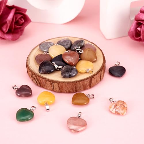20Pcs Heart Shaped Stone Pendants 15 Styles Healing Crystal Chakra Gemstone Rock Necklace Charms for Jewelry Making Hole: 2x5mm - color: 1-Mixed Color-Heart-Random 20pcs