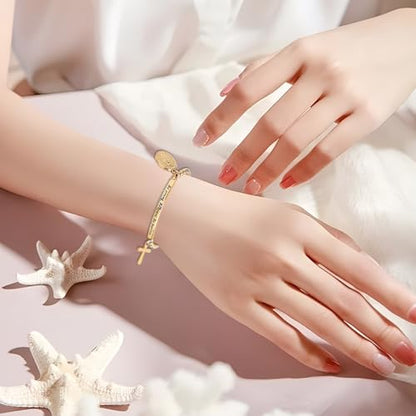 DS Inspirational Bracelet for Women Christian Engraved Bibler Verse Cross Butterfly Daisies Charm Bracelet, Exquisite Stainless Steel Jewelry Daughter Best Friend Bestie - style: Be strong,Be brave,Be fearless.You are never alone-Gold
